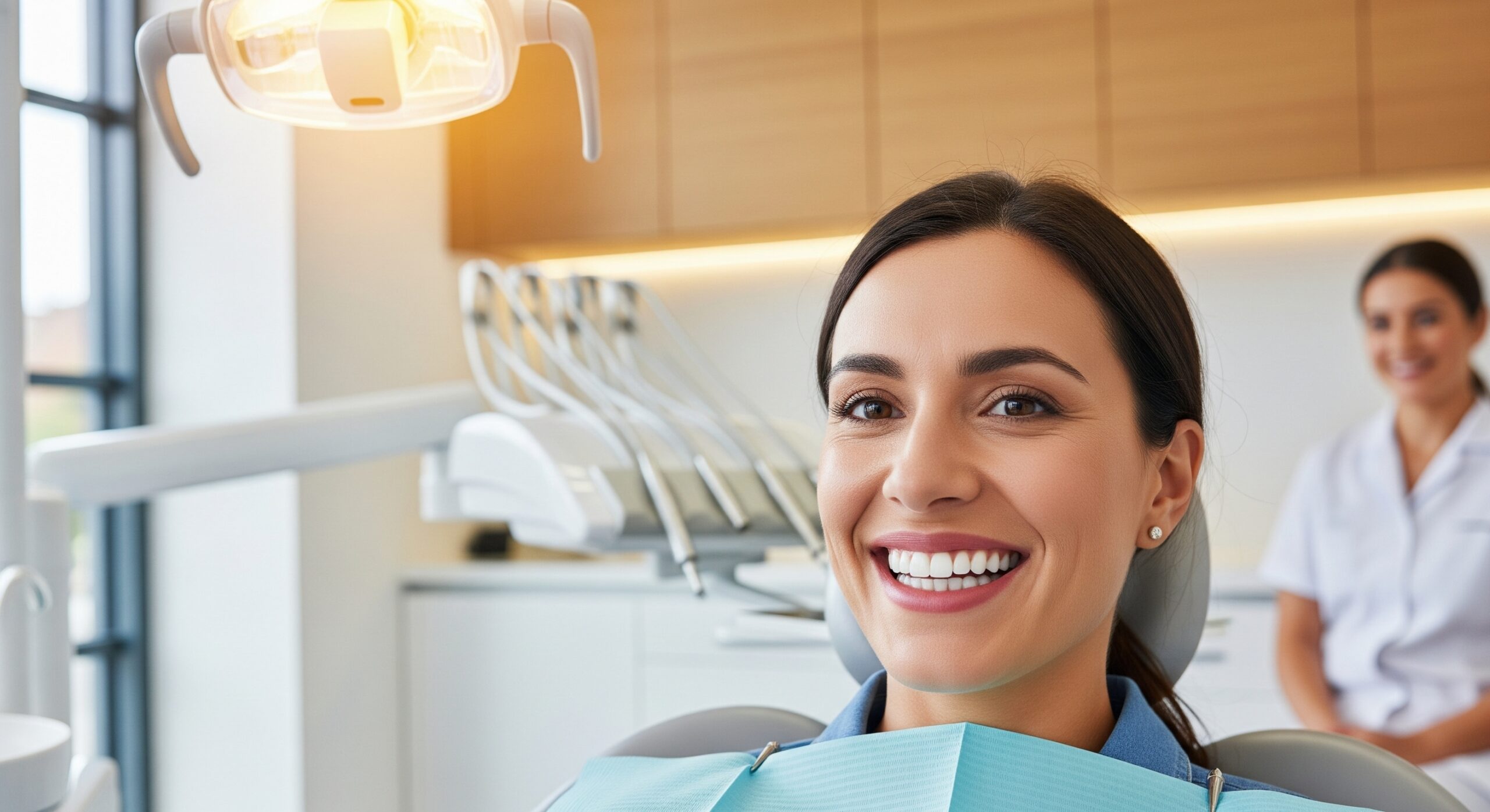 Patient smiling in the dental chair after treatment in a bright, modern clinic environment.