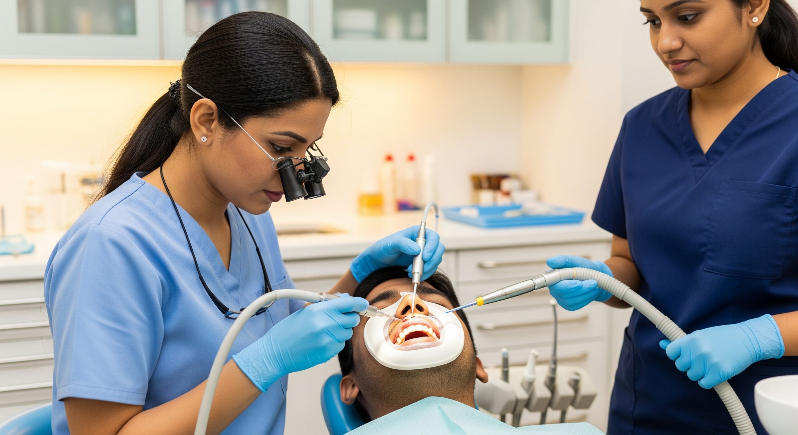 Dentist performing a detailed oral procedure with an assistant supporting suction and tool management in the clinic.