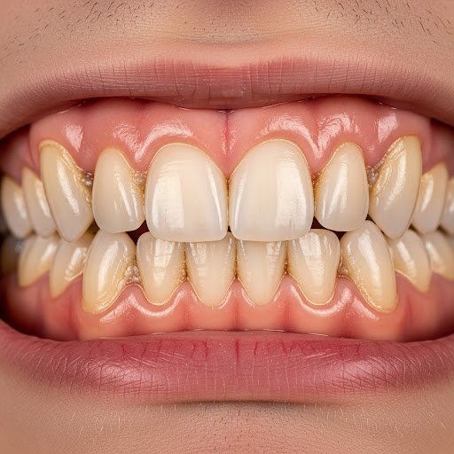 Close-up of a patient’s teeth showing crowding, enamel discoloration, and gum inflammation for dental assessment.