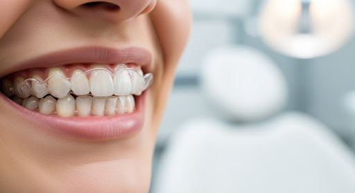 Close-up of a smiling patient wearing clear aligners inside a dental clinic.