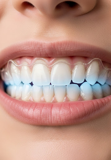 Close-up of a smile wearing a clear aligner tray glowing with blue whitening light.