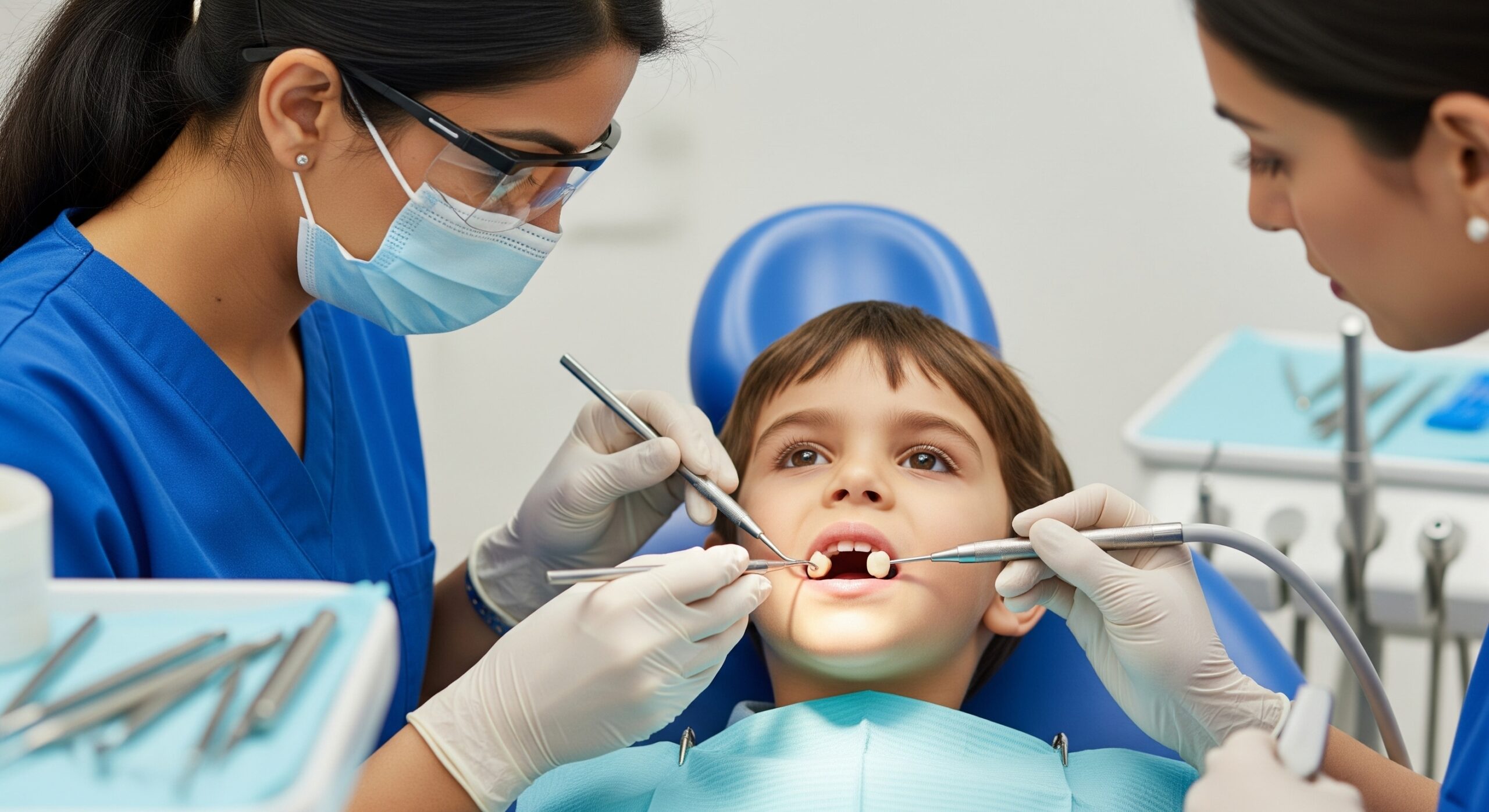 Dental team performing a routine oral checkup and cleaning on a young child in a modern pediatric clinic.