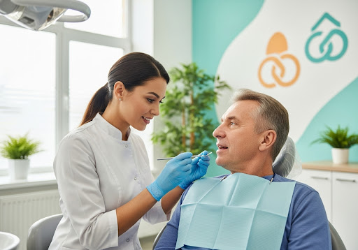 Dentist examining a patient in a bright, modern dental clinic during a routine check-up.