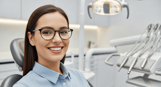 Smiling woman with glasses sitting in a dental clinic chair, surrounded by modern dental equipment.