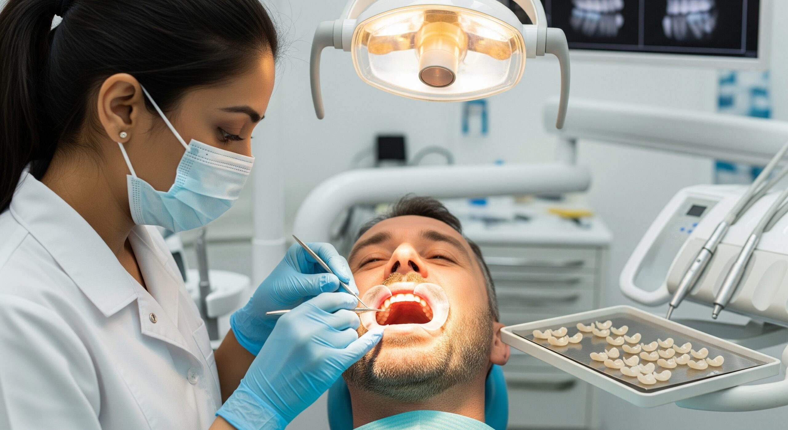 Dentist examining a patient’s teeth while holding shade guides during a cosmetic dental evaluation.