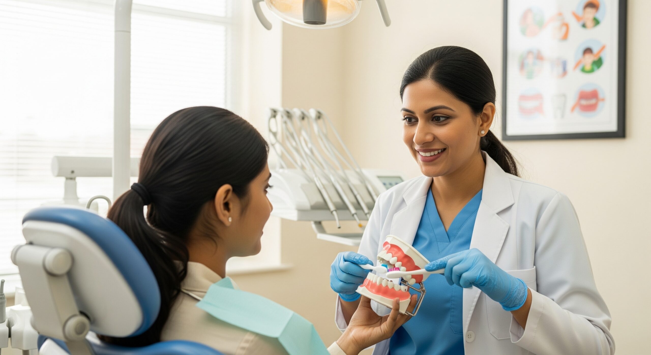 Dentist teaching a patient proper oral hygiene using a dental model during a consultation in the clinic.