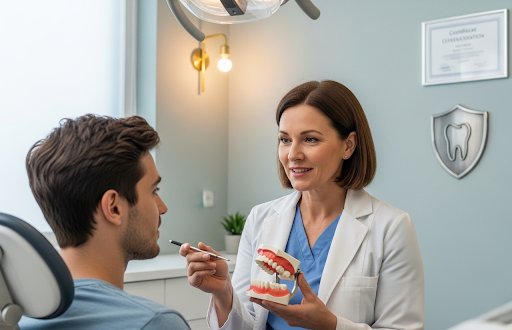 Dentist showing a dental model to a patient during a consultation in a modern clinic setting.