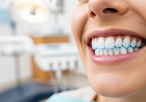 Close-up of a patient’s smile during a dental whitening procedure with blue gel applied to the teeth.