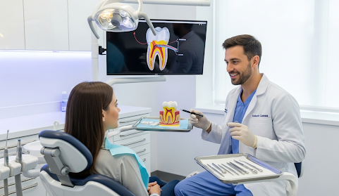 Dentist explaining a tooth model to a patient in a modern clinic with a digital anatomy display.