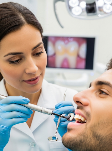 Dentist performing a restorative procedure on a patient using dental tools in a modern clinic.