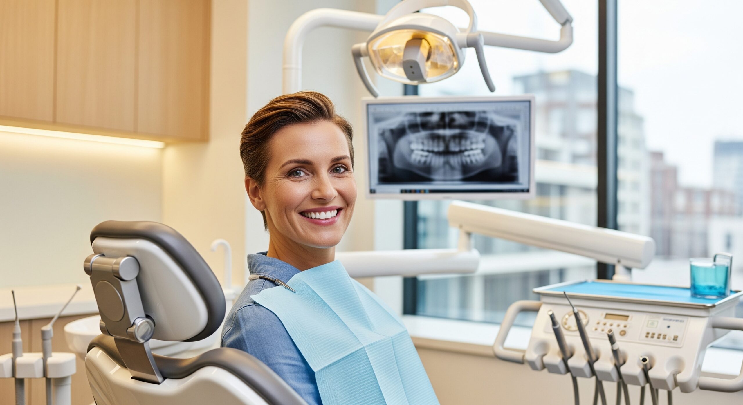 Patient smiling in the dental chair with a digital X-ray displayed behind her in a modern clinic setting.