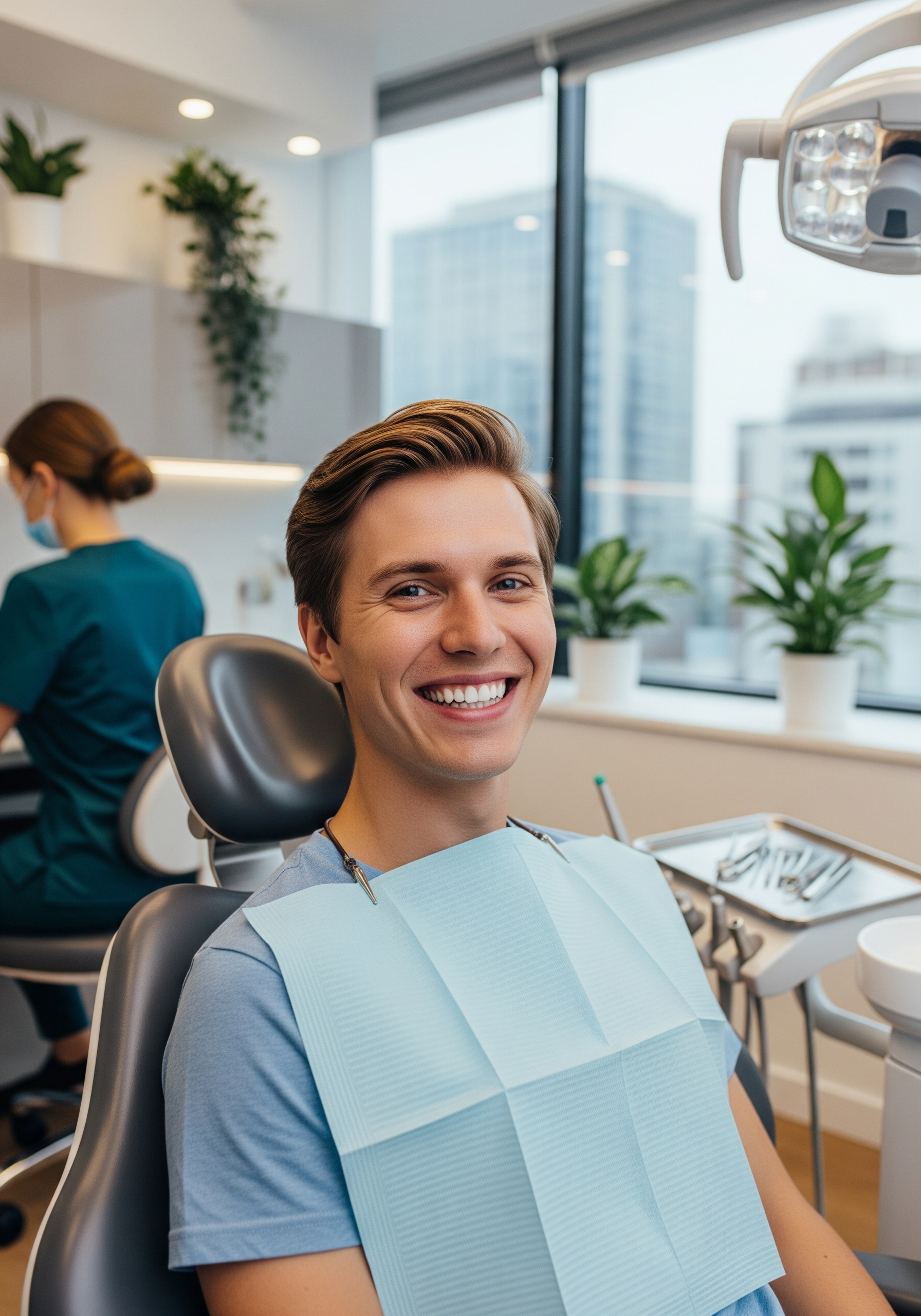 Patient smiling in the dental chair during a routine visit in a bright, modern clinic setting.