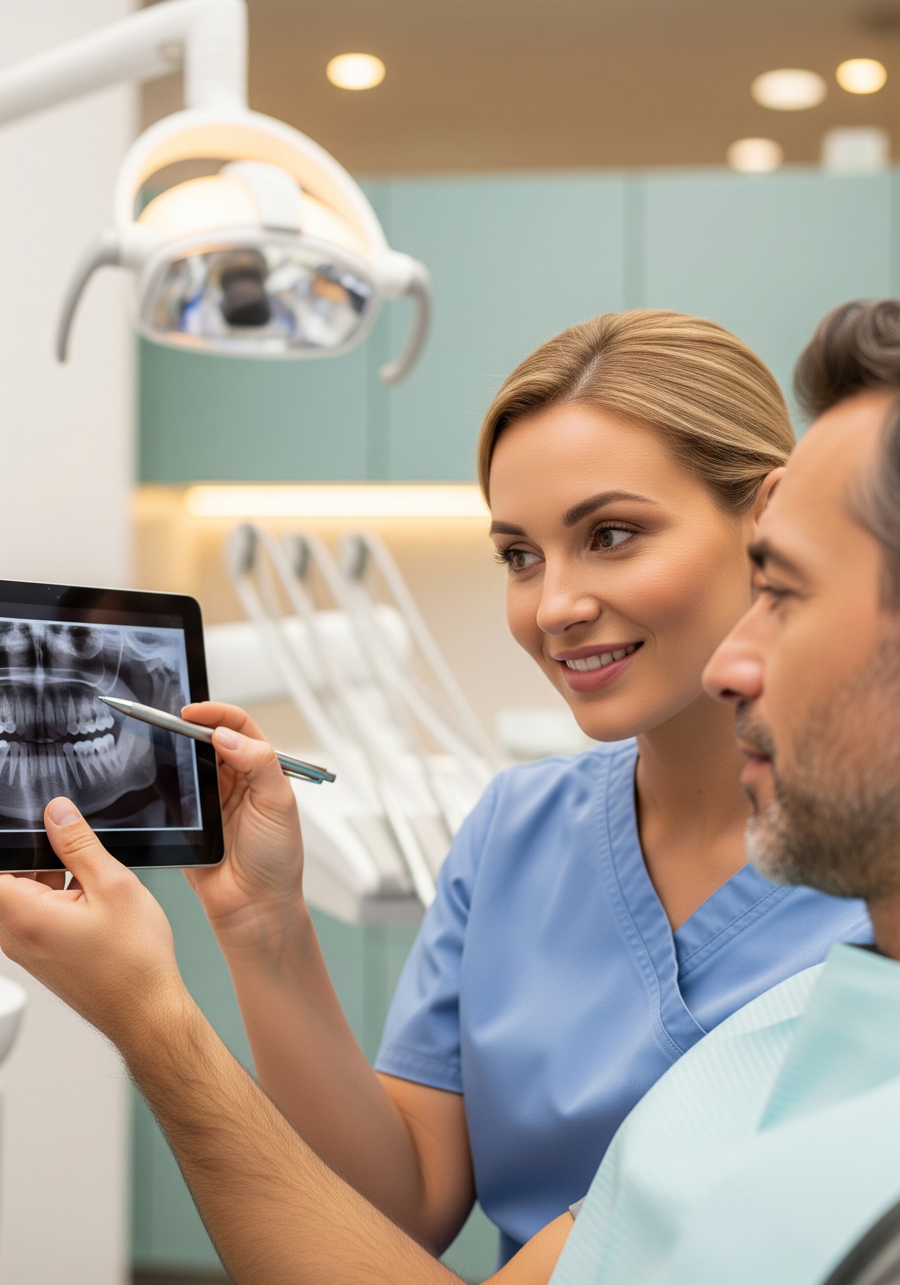 Dental professional reviewing a patient’s X-ray on a tablet and explaining key details during a clinic visit.