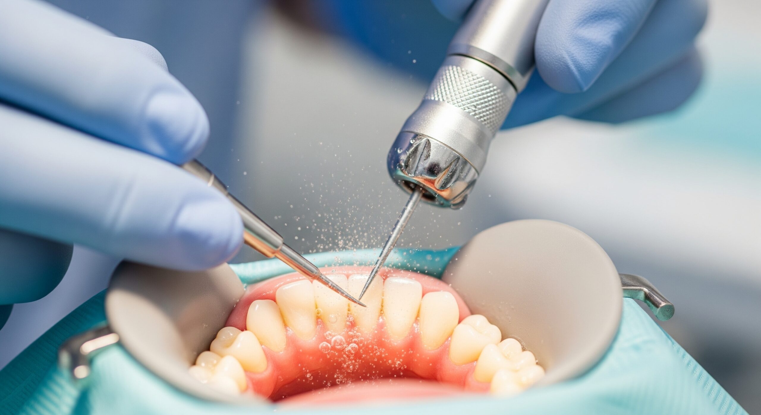 Close-up of dental tools cleaning the lower front teeth during a professional scaling procedure.