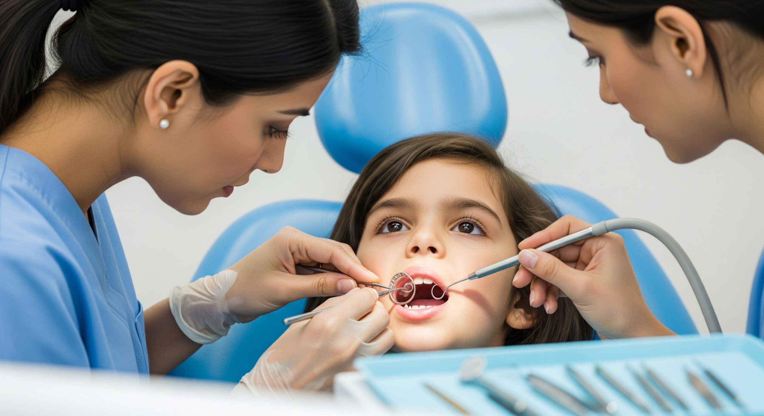 Dentist and assistant performing a pediatric dental procedure for a child in a modern clinic.