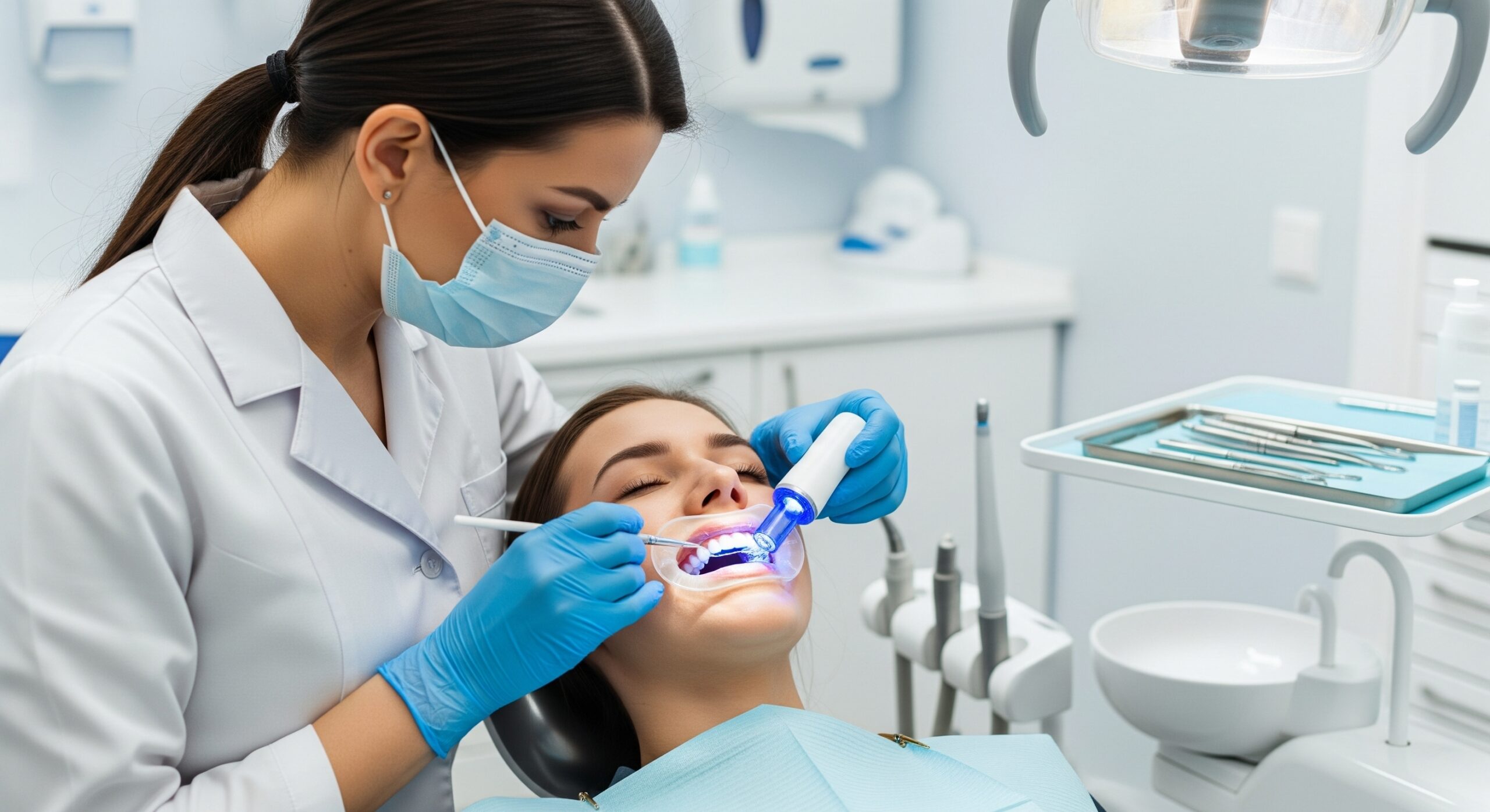 Dentist using a curing light to harden dental material during a restorative procedure on a patient.