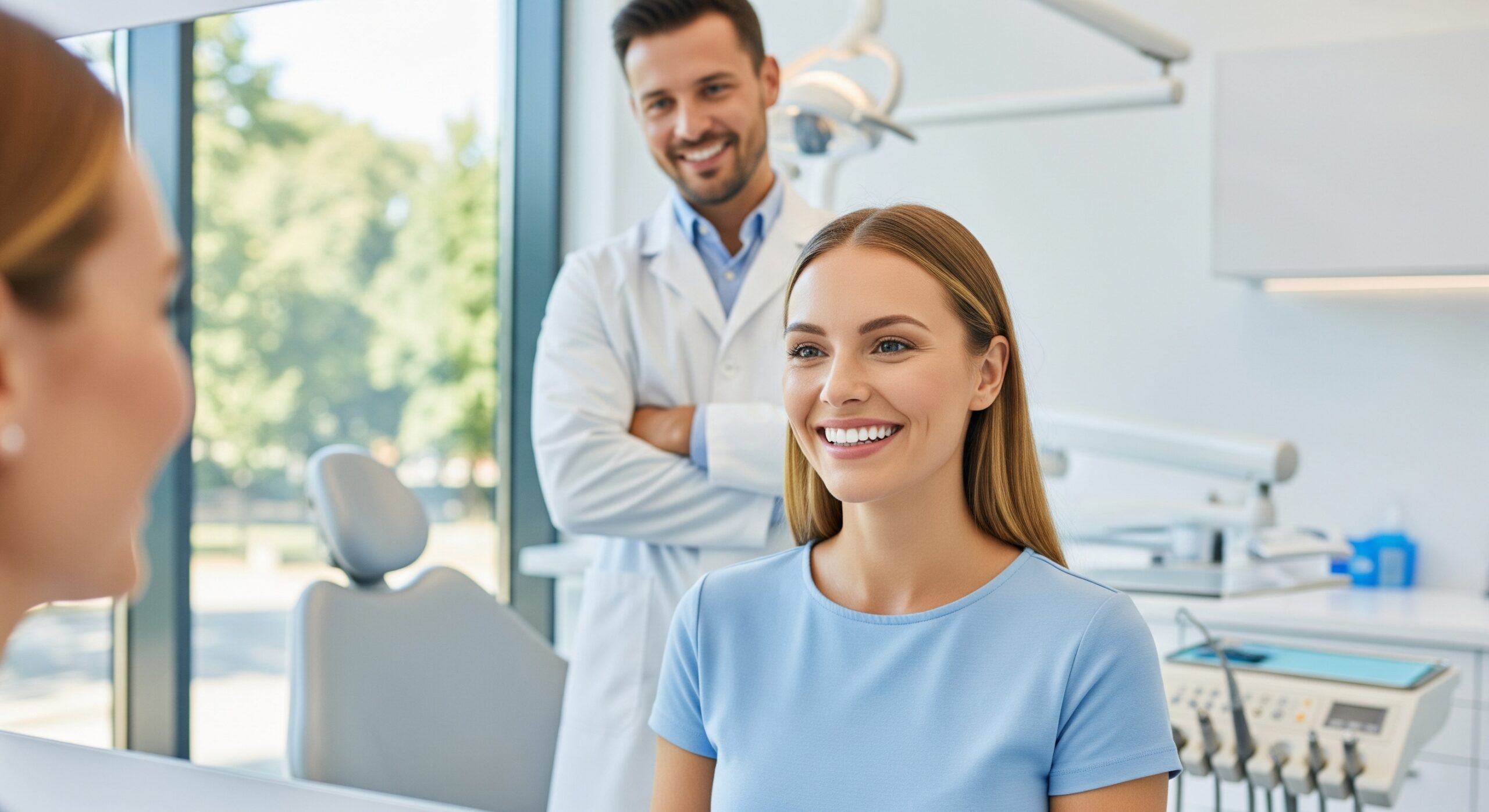Patient smiling during a dental consultation as the dentist stands nearby in a bright, modern clinic.