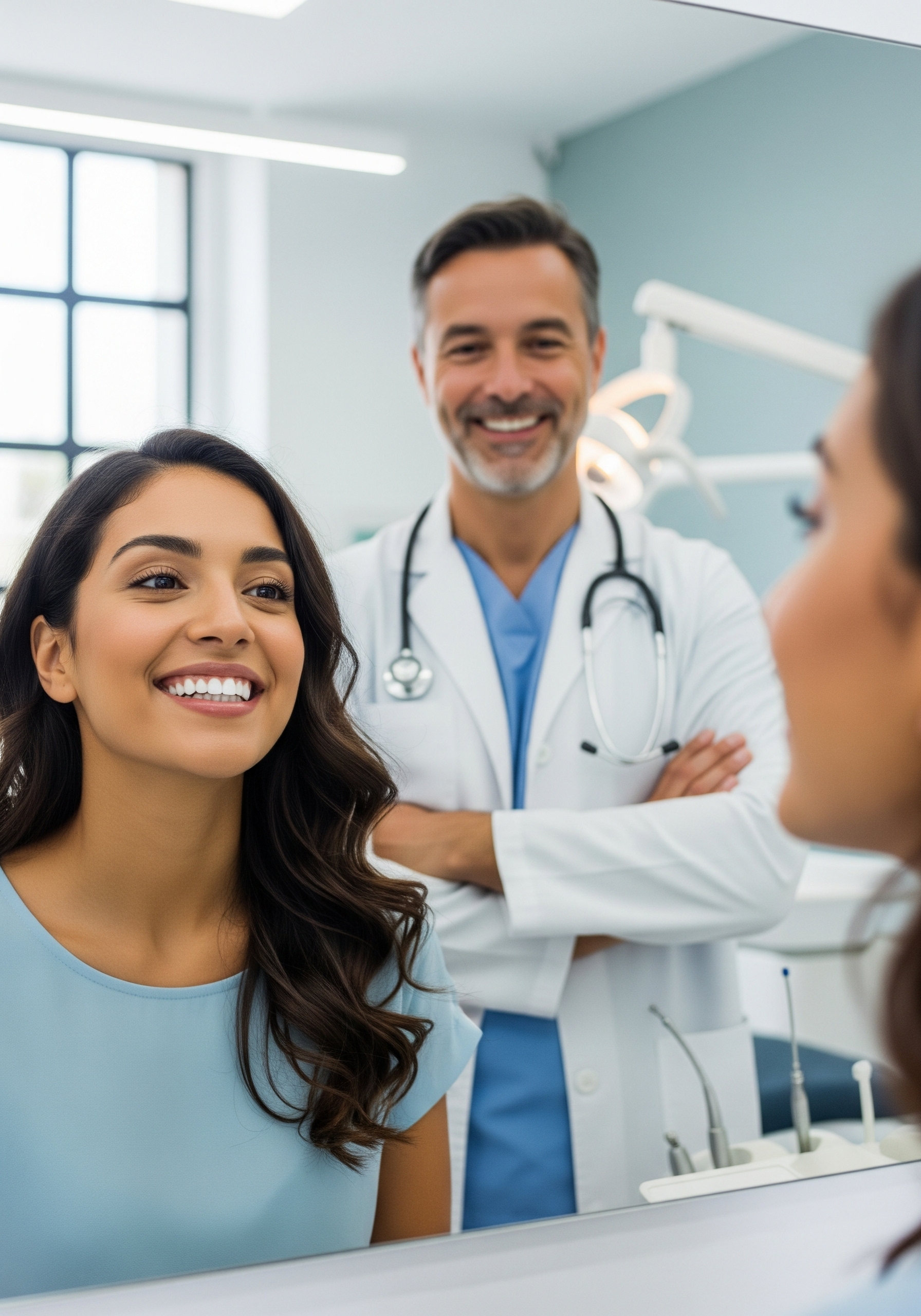 Patient smiling in a dental clinic while looking in the mirror as the dentist stands nearby during a checkup.