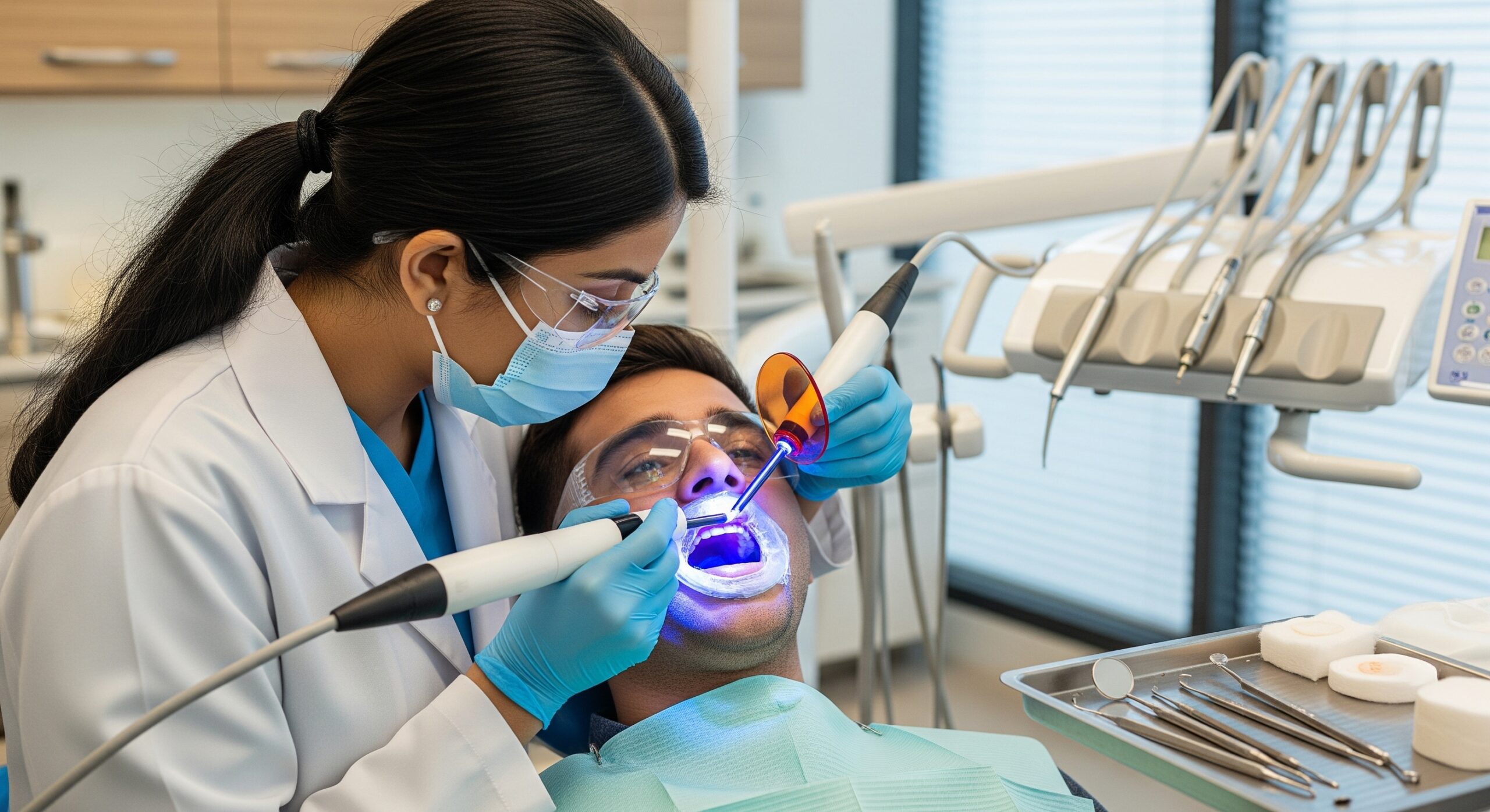 Dentist performing a professional teeth whitening procedure using a curing light in a modern clinic.