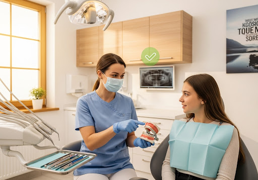 Dentist explaining orthodontic treatment using a dental model to a young patient in a bright clinic.