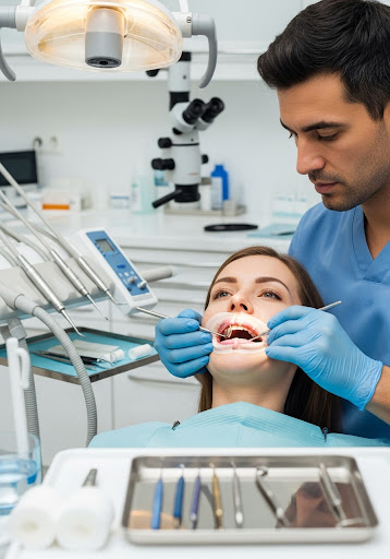 Dentist examining a patient's open mouth during a dental checkup in a modern clinic.