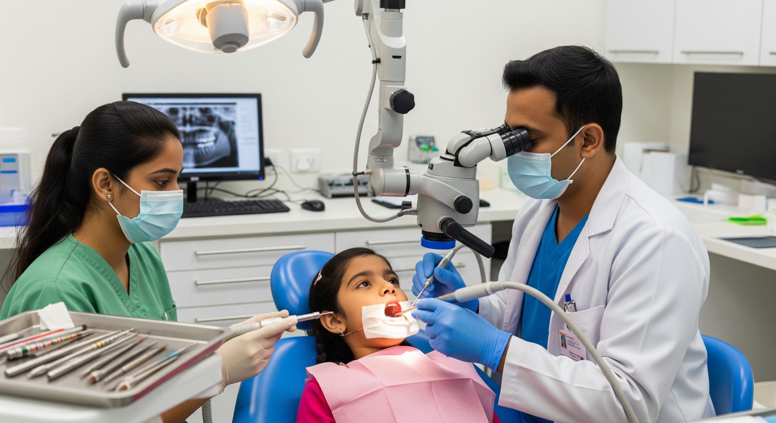 Dentist performing a precise oral procedure on a child patient with an assistant supporting in a modern clinic.