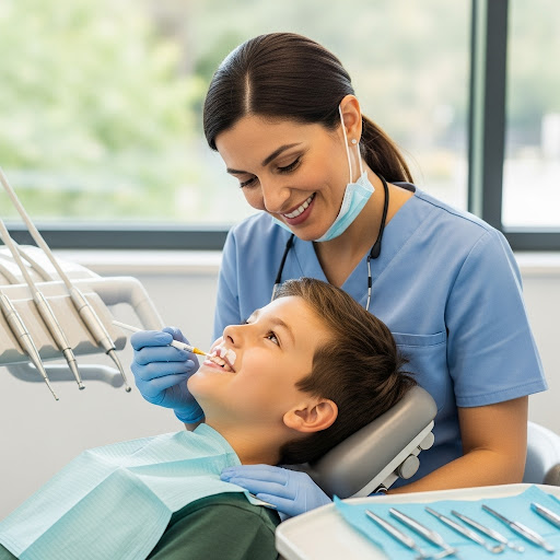 Female dentist examining a young boy’s teeth during a routine checkup in a bright and modern dental clinic.