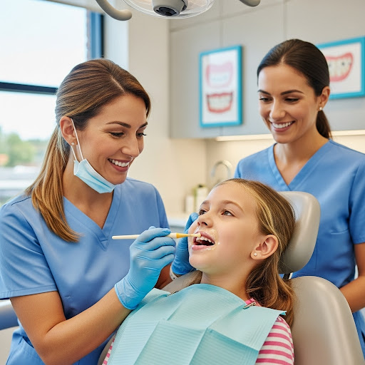 Dental team examining a young girl’s teeth during a routine checkup in a bright and friendly pediatric clinic.
