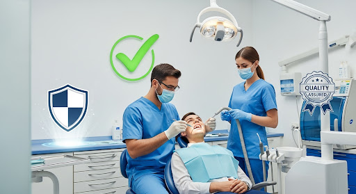 Dental team performing a checkup on a patient in a modern clinic, highlighting safety, hygiene, and quality assurance.