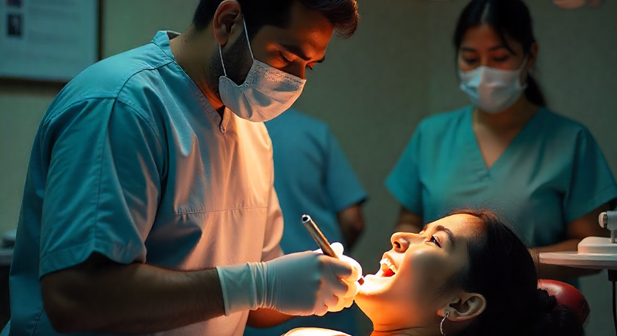 Dentist conducting an oral examination on a patient while an assistant observes in a well-lit dental clinic.