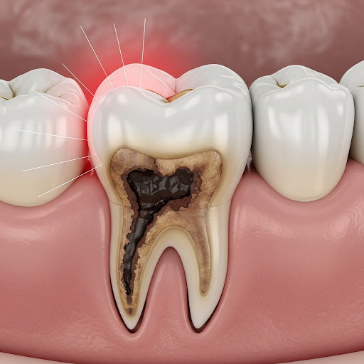 3D illustration of a decayed tooth showing deep infection reaching the root and causing visible inflammation.