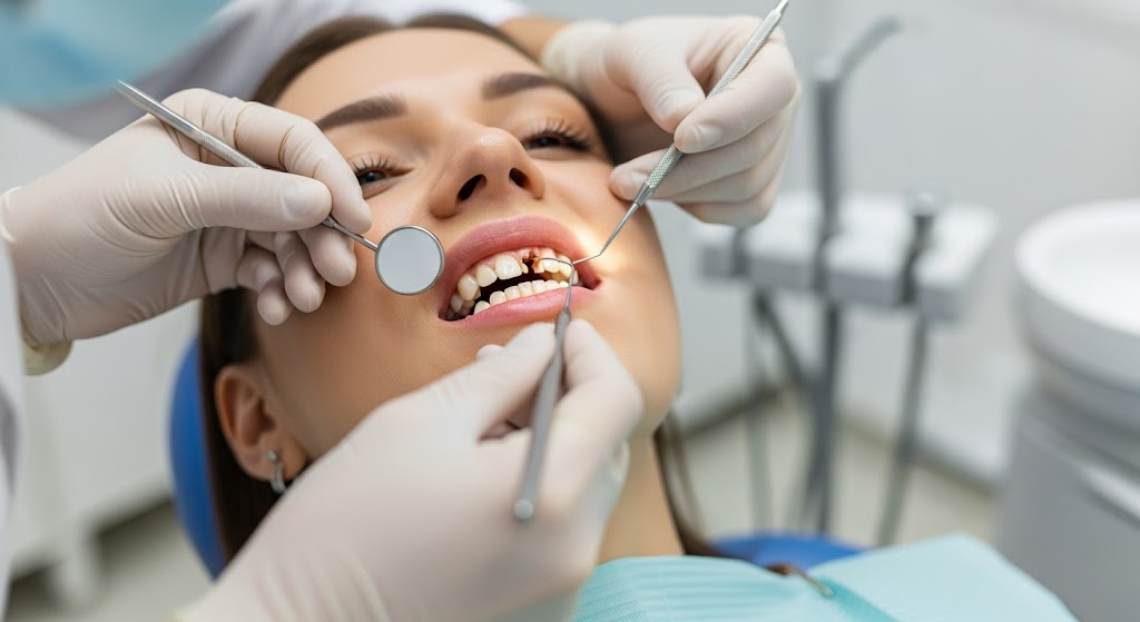 Dentist examining a patient’s teeth using dental instruments during a routine oral check-up in a modern clinic.