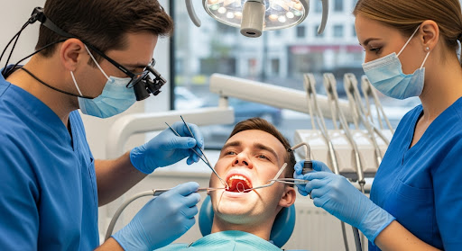 Dentist and assistant performing a dental procedure on a patient under bright operatory light using precision tools.