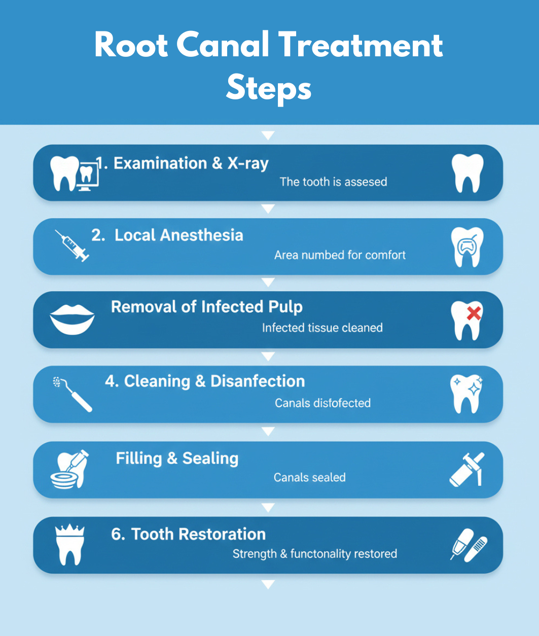 Infographic showing step-by-step root canal treatment process from examination and X-ray to tooth restoration.