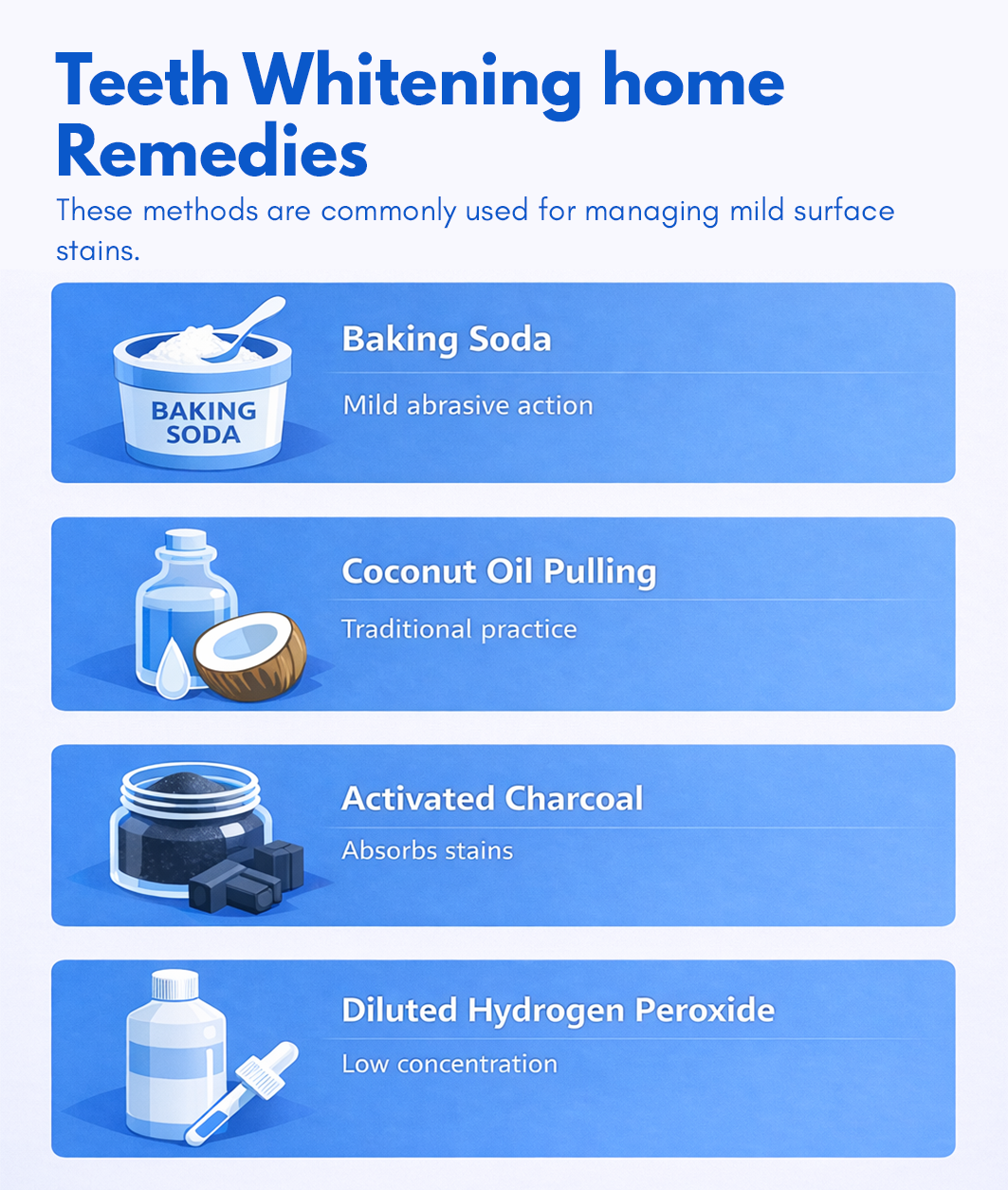 Dental infographic on teeth whitening home remedies with baking soda, coconut oil, and charcoal methods.